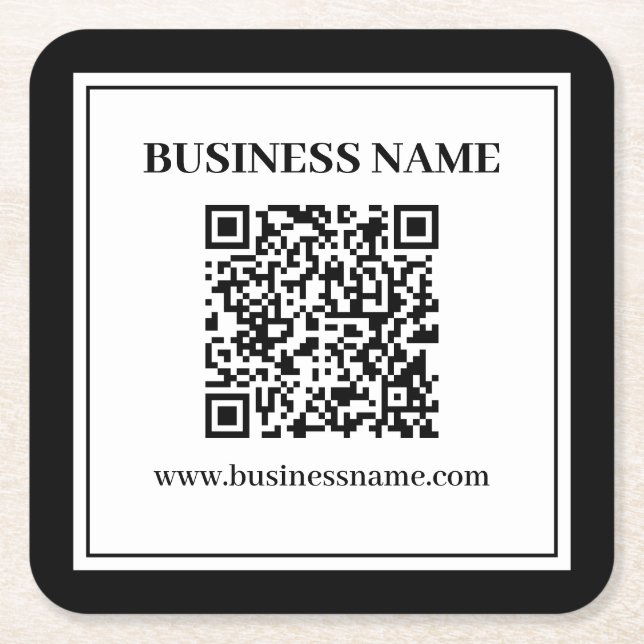 Business QR code | Black & White Square Paper Coaster (Front)