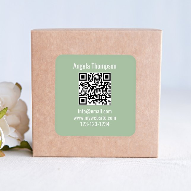 Business QR Code Custom Basic Green Square Sticker (Basic green business QR code product label. )