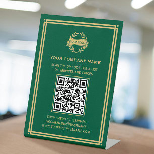 Business QR Code Logo Customer Services Green Gold Pedestal Sign