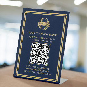 Business QR Code Logo Customer Services Navy Gold Pedestal Sign