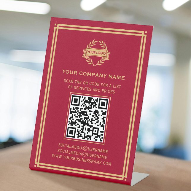 Business QR Code Logo Customer Services Red Gold Pedestal Sign (Creator Uploaded)