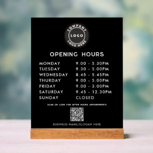 Business QR Code Logo Modern Opening Hours Black Acrylic Sign