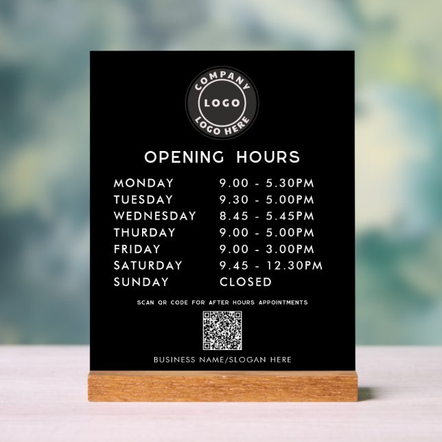 Business QR Code Logo Modern Opening Hours Black Acrylic Sign (Neutral)
