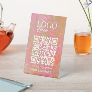 Business QR Code Logo Modern Pink Marble Salon Spa Pedestal Sign