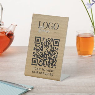 Business QR Code Logo Modern Rustic Kraft Pedestal Sign