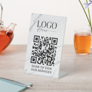 Business QR Code Logo Modern White Marble Salon Pedestal Sign
