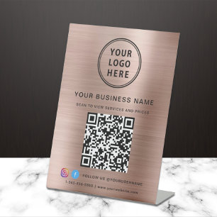 Business QR Code Logo Social Media Rose Gold Pedestal Sign