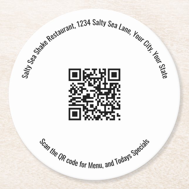 Business QR Code Minimalist Menu Custom Round Paper Coaster (Front)