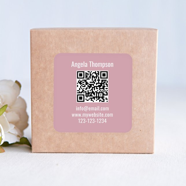 Business QR Code Professional Simple Square Sticker (Pink business product label with QR code.)