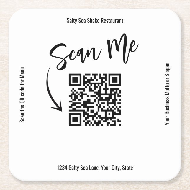Business QR Code Scan Me Menu Custom Square Paper Coaster (Front)