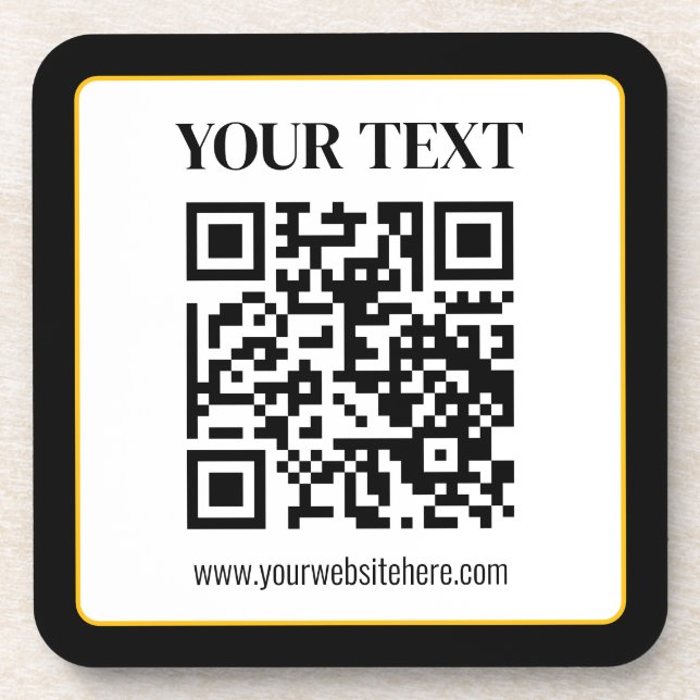Business QR code w/Top & Bottom Text, Black & Gold Coaster (Front)