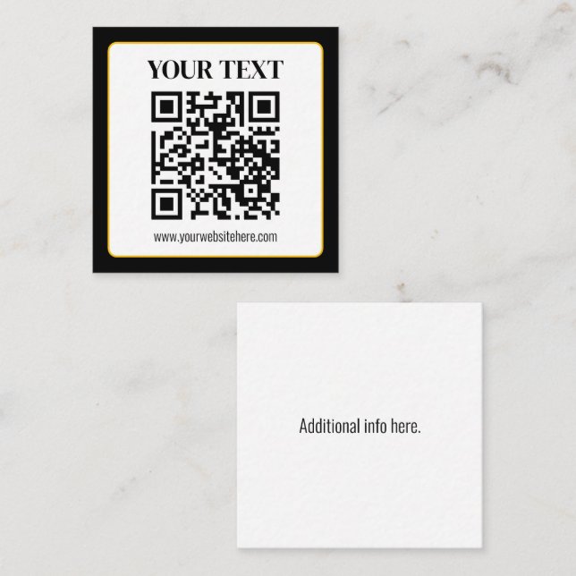 Business QR code w/Top & Bottom Text, Black & Gold Square Business Card (Front/Back)