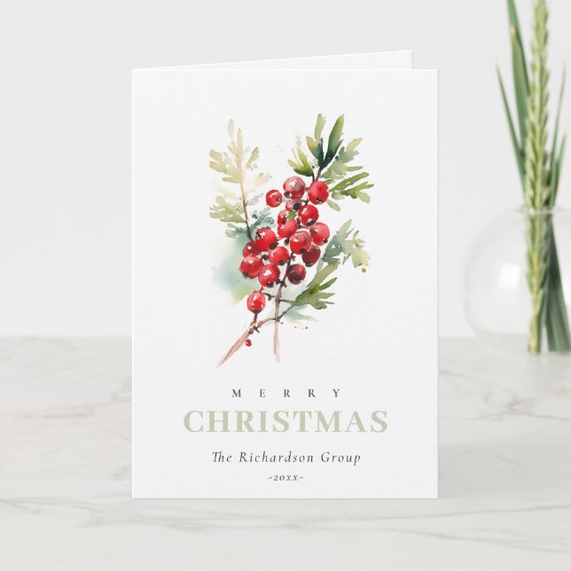 Business Red Berry Fir Christmas Corporate Logo Holiday Card (Front)