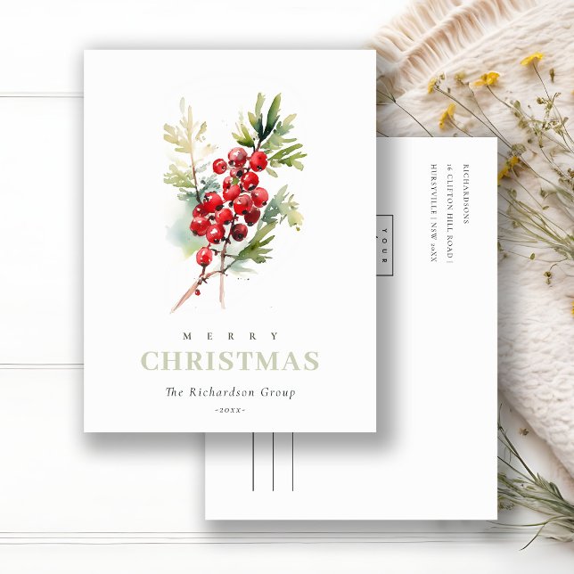 Business Red Berry Fir Christmas Corporate Logo Holiday Postcard (Creator Uploaded)
