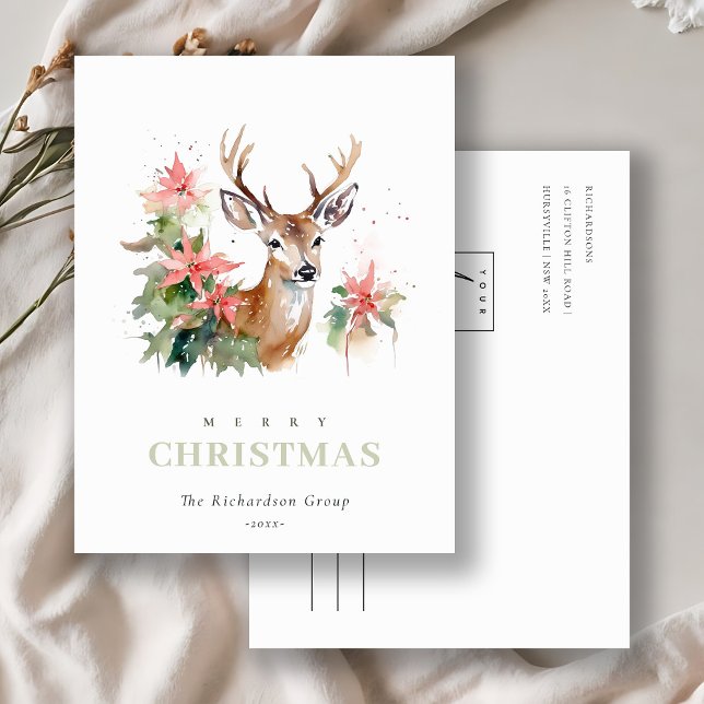 Business Reindeer Floral Christmas Corporate Logo Holiday Postcard (Creator Uploaded)