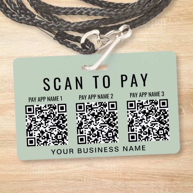 Business Scan to Pay 3 QR Codes Sage Green ID Badge (Business Scan to Pay 3 QR Codes Sage Green Badge)