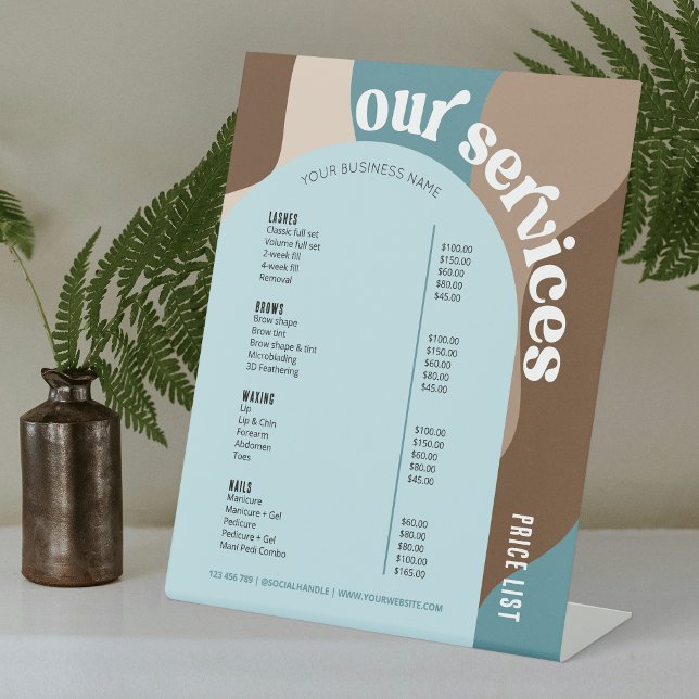 Business Services Price List Trendy Retro Neutrals Pedestal Sign (Trendy retro style business price list menu sign with groovy fonts)