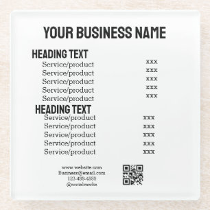Business services products price list menu card glass coaster