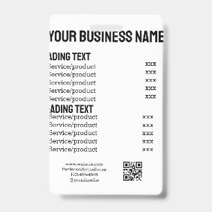 Business services products price list menu card ID badge