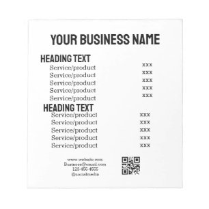 Business services products price list menu card notepad