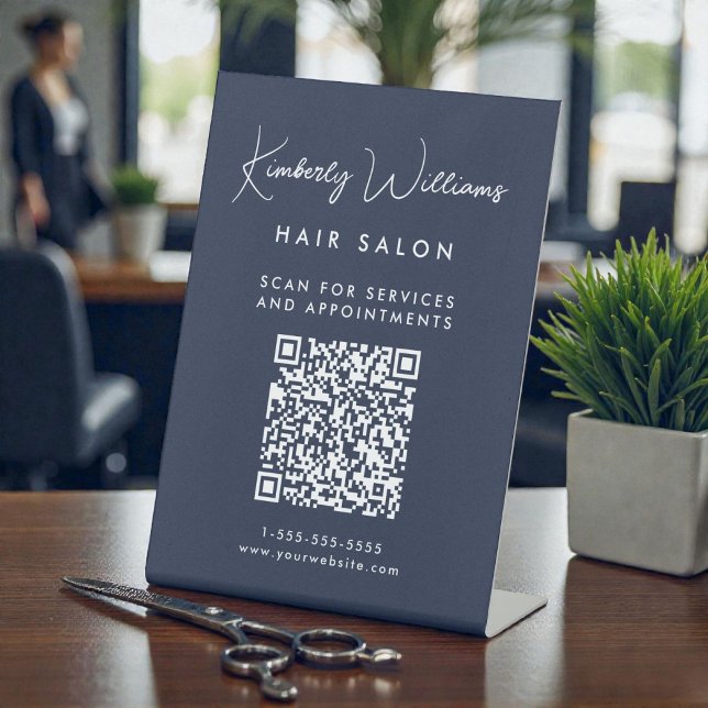 Business Signature Script QR Code Blue Pedestal Sign (Business Signature Script QR Code Blue Pedestal Sign)