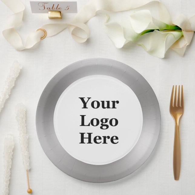 Business Silver and White Your Logo Here Template Paper Plate (Wedding)