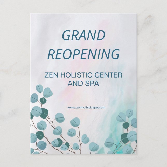 Business Spa Salon Opening Teal Eucalyptus Postcard (Front)