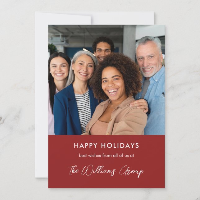 Business Stylish Merry Christmas Red Team Photo Holiday Card (Front)