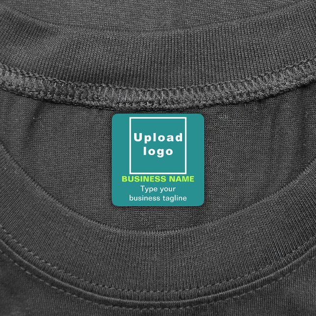 Business Tagline on Teal Green Square Iron On (Teal green square iron on label with your business name, logo and tagline)