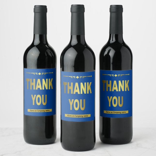 Business Thank You Blue Typography Wine Label (Bottles)