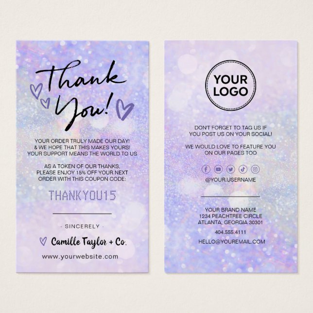 Business Thank You Discount Card Glitter Bokeh (Front & Back)