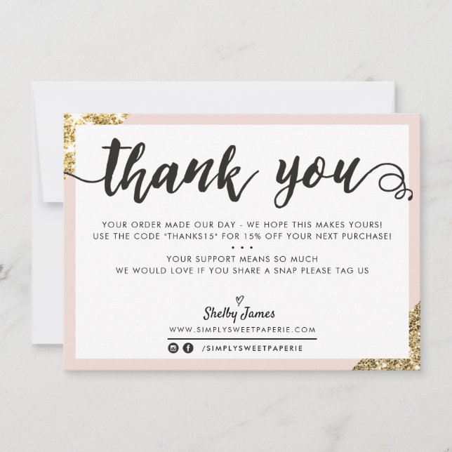 BUSINESS THANK YOU modern corner script blush gold Card (Front)