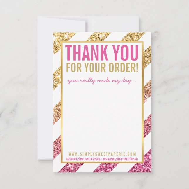 BUSINESS THANK YOU NOTE stripe gold pink glitter Invitation (Front)