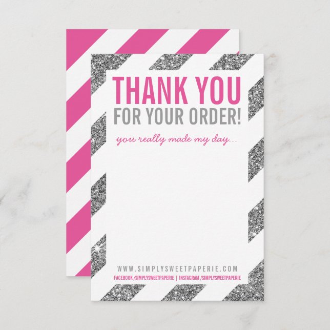 BUSINESS THANK YOU NOTE stripe silver glitter pink Invitation (Front/Back)