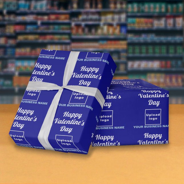 Business Valentine Blue Wrapping Paper (Business name and logo with Happy Valentine's Day greeting on blue wrapping paper in store.)