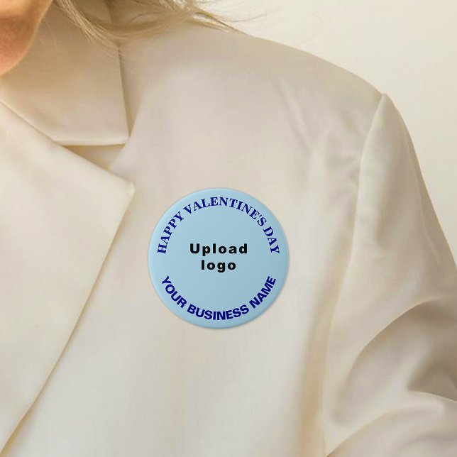 Business Valentine Greeting on Light Blue Round 7.5 Cm Round Badge (Business name and logo with Happy Valentine's Day greeting on light blue round button.)