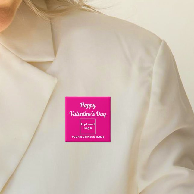 Business Valentine Greeting on Pink Square Button (Business name and logo with Happy Valentine's Day greeting on pink square button.)