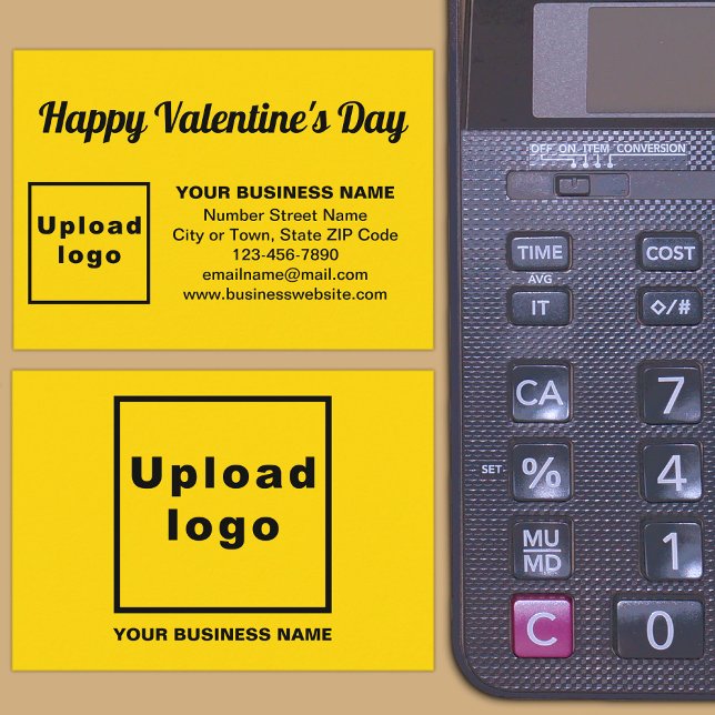 Business Valentine Greeting on Yellow Enclosure Card (Front and back sides of business Valentine yellow enclosure card on store desk.)