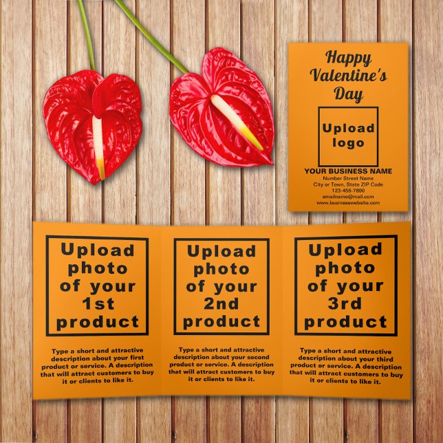 Business Valentine Orange Colour Trifold Card (Orange color Valentine trifold card with your business brand and products or services on table.)