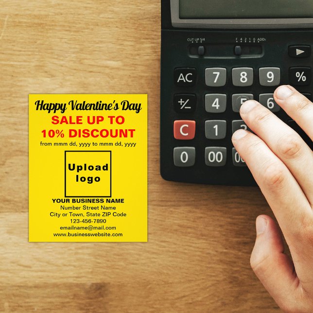 Business Valentine Sale on Yellow Flyer (Attract more customers this Valentine's Day. Business Valentine sale on yellow flyer on store desk.)