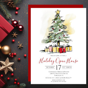 Business Watercolor Christmas Tree Open House Invitation