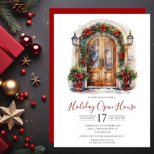 Business Watercolor Front Door Holiday Open House Invitation
