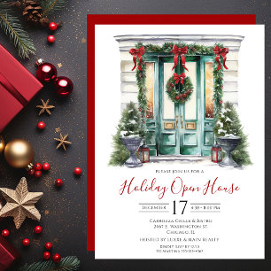 Business Watercolor Front Door Holiday Open House Invitation