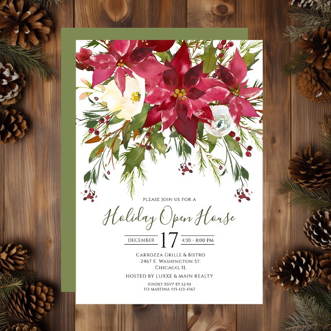 Business Watercolor Poinsettias Holiday Open House Invitation (Creator Uploaded)