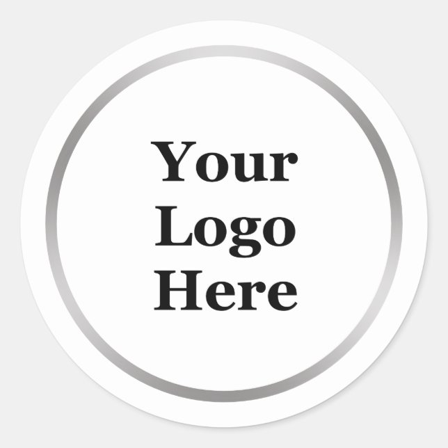 Business White and Silver Border Your Logo Here Classic Round Sticker (Front)