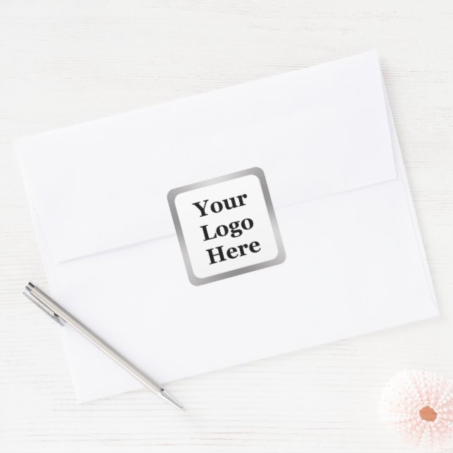 Business White and Silver Your Logo Here Template Square Sticker (Envelope)