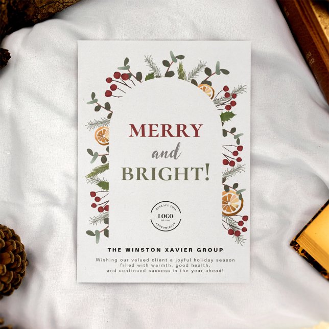 Business Xmas Merry and Bright Red Holly Corporate Holiday Card (Merry and Bright Modern arch holly and Christmas foliage Business logo Holiday card)