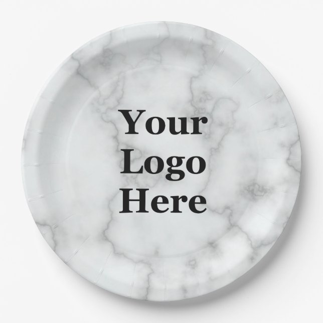 Business Your Logo Here Faux White Marble Paper Plate (Front)