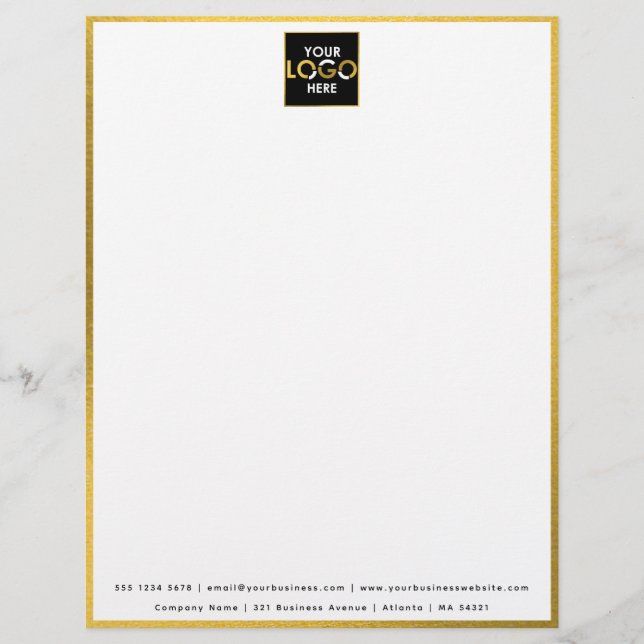 Business Your Logo Here Simple Modern Gold Border Custom Letterhead (Front)