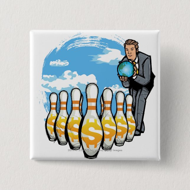 Businessman bowling a globe towards money pins (Front)